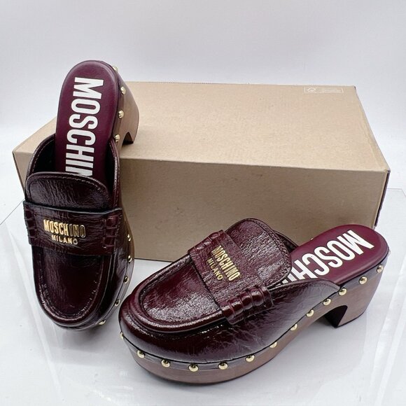 MOSCHINO 70MM Logo Patent Leather Platform Clogs BORDEAUX Red Womens EU 35 $770 - Picture 1 of 11